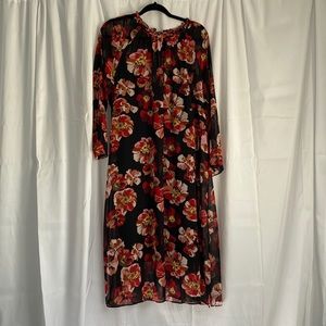 Madewell Black & Floral Sheer Long Sleeve Floral Tie-Back Dress w/ Slip Sz XL